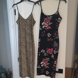 SHEIN Black Floral and Leopard Print Midi Dresses